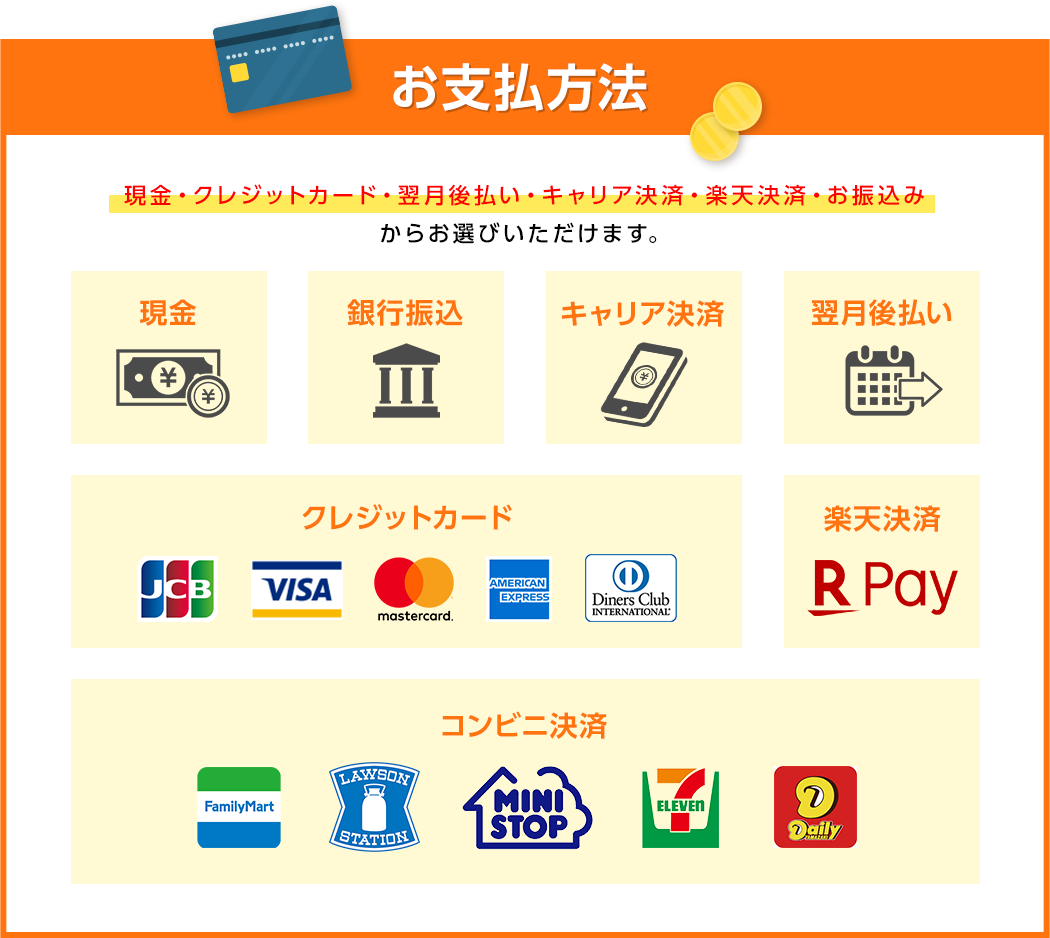 お支払方法、現金かクレジットからお選びいただけます。VISA、mastecard、JCB、AMERICANEXPRESS、DinersClub