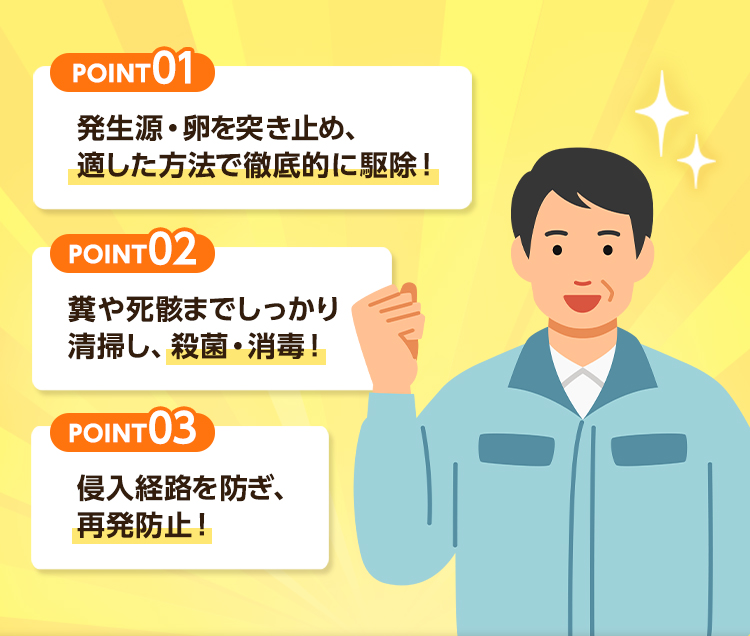 ポイント1、発生源を突き止め適した方法で徹底的に駆除！ポイント2、糞や死骸までしっかり清掃し、殺菌・消毒！ポイント3、侵入経路を防ぎ再発防止